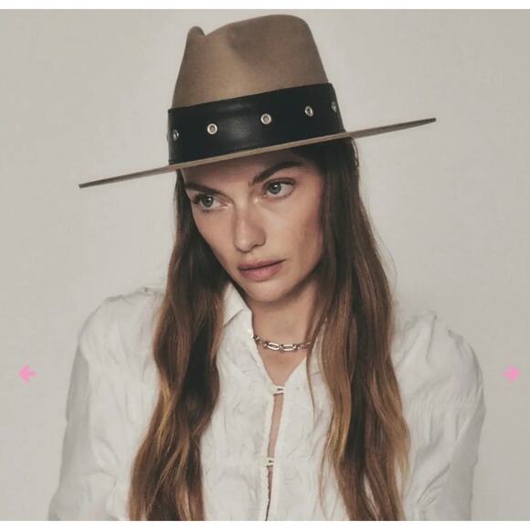 Janessa Leone Bennett Wool Hat Structured Fedora Studded Brown Large Wide Brim main image 6